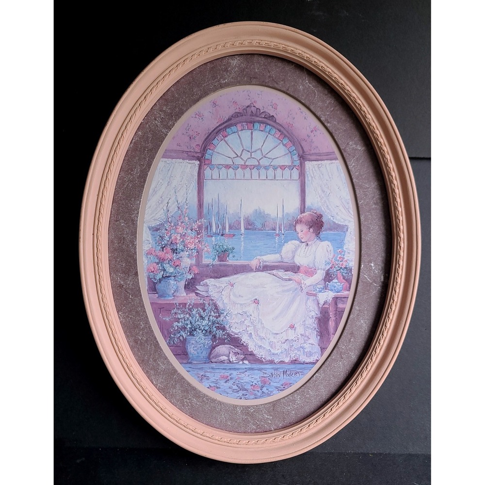 Victorian Lady in the Window Pink Oval Vintage 1981 Framed Art by Barbara Mock